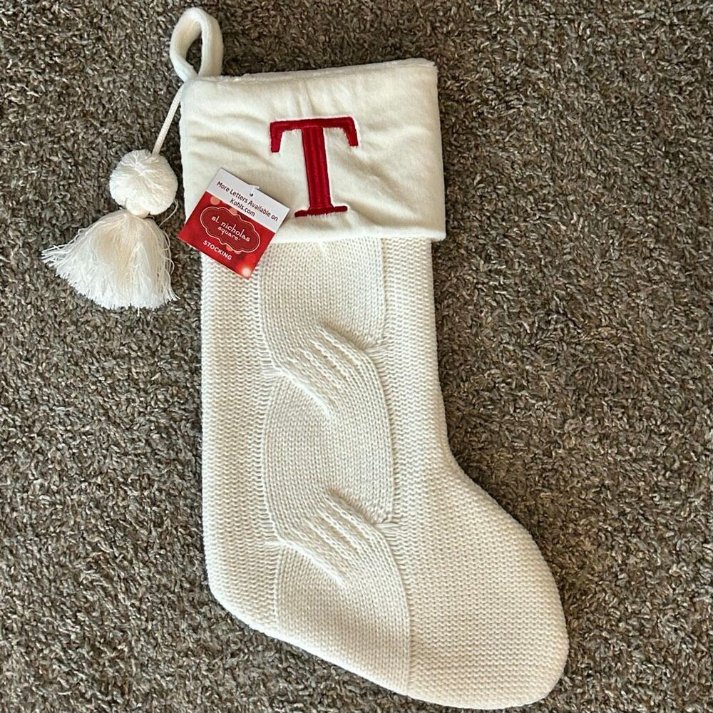 Winter White Knit Christmas Stocking 21” Monogram Initial T | w Plush Cuff NEW